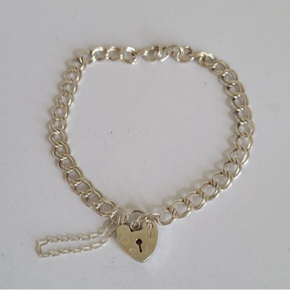 Vintage Double Curb Link Heart Padlock Key Charm Sterling Silver Chain Bracelet - Picture 2 of 11